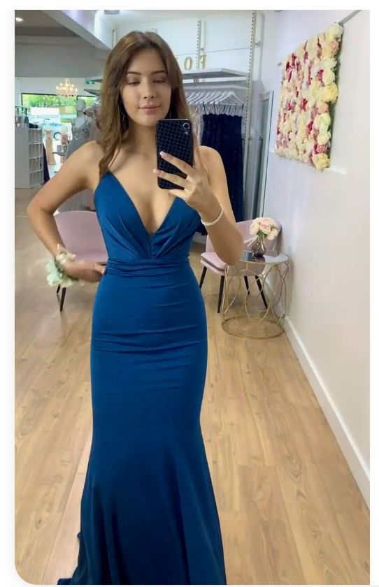 Blue simple and elegant A-line V-neck mermaid long ball gown evening dress gh2915