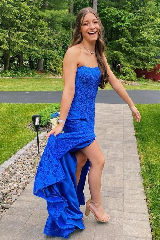 Strapless Royal Blue Lace Prom Dress with Slit gh2916