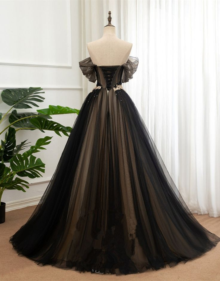 Black And Champagne Off Shoulder Long Formal Dress, A-line Prom Dress gh2758