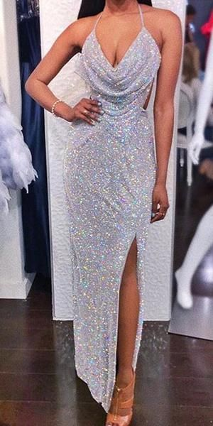 Sparkly Mermaid Sexy Backless Slit Sequin Prom Dresses gh2948