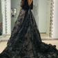 Black Appliques Illusion Long Sleeves Deep V Neck Long Wedding Dress gh2759