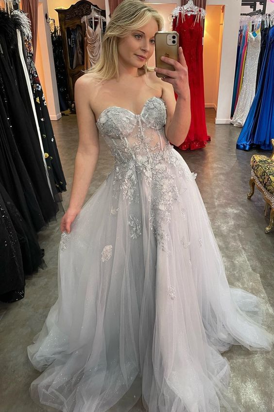 Grey Strapless Appliques A-line Tulle Long Prom Dress gh2924