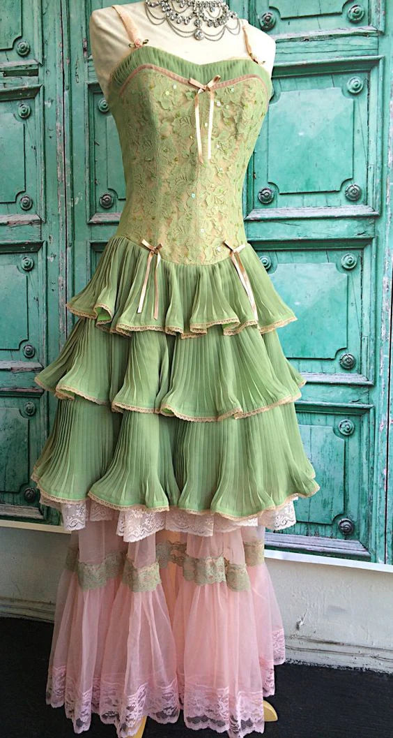 Green pink sweet spaghetti strap layered long lace tulle ball gown evening dress coming of age ceremony dress gh2931