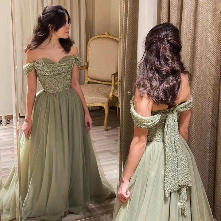 Beautiful Long Green A-line Off-the-shoulder Sequined Beading Prom gh2753