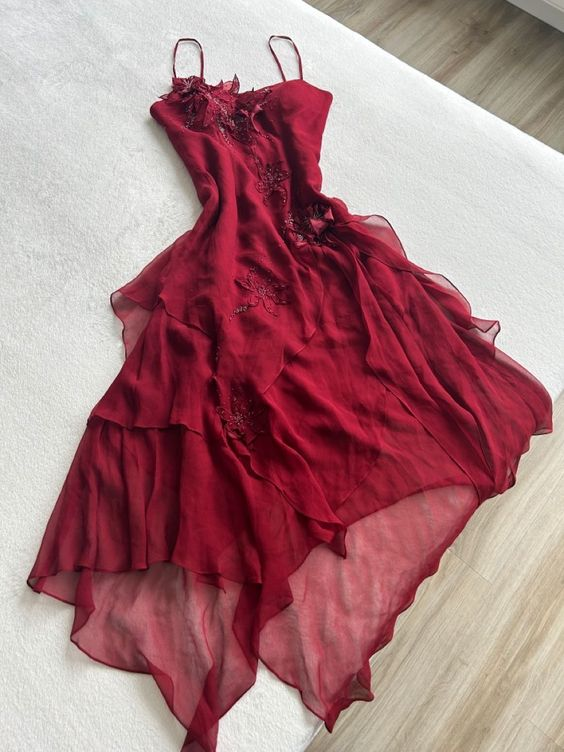 Burgundy red applique spaghetti straps elegant and charming A-line long ruffled chiffon ball gown evening dress party dress gh2936