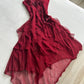 Burgundy red applique spaghetti straps elegant and charming A-line long ruffled chiffon ball gown evening dress party dress gh2936