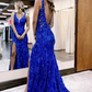 Mermaid V Neck Sequined Lace Prom Dress with Slit gh2677