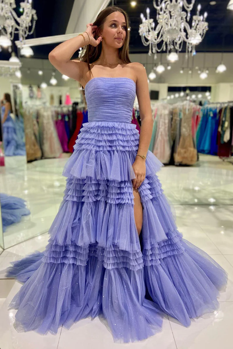 A-Line Strapless Tulle Long Prom Dress with Tiered Ruffles gh2676