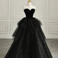 Black elegant off-shoulder tulle dress velvet sweetheart neckline tube top long evening dress ball gown gh3035