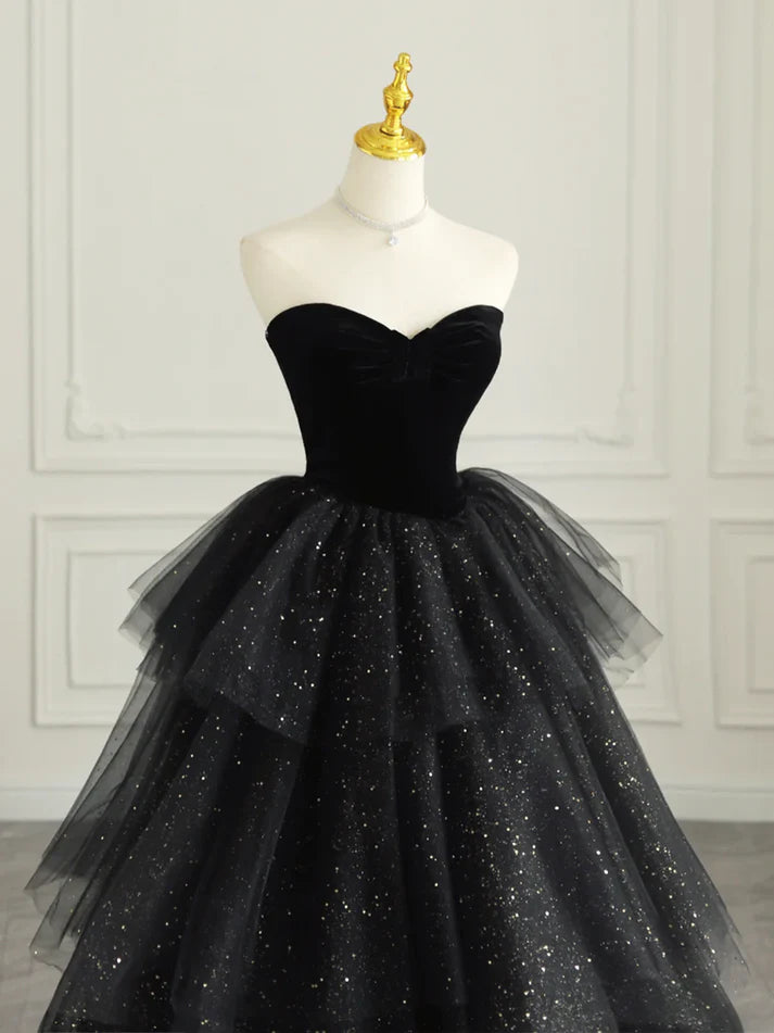 Black elegant off-shoulder tulle dress velvet sweetheart neckline tube top long evening dress ball gown gh3035