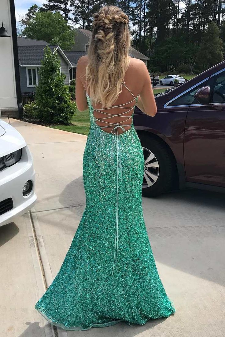 Turquoise Sequin Lace-Up Back Mermaid Long Formal Dress with Slit gh2945