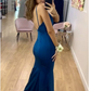 Blue simple and elegant A-line V-neck mermaid long ball gown evening dress gh2915