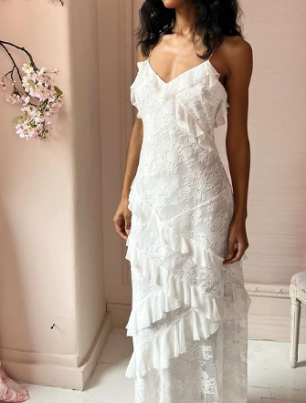 Robe de soirée blanche simple et élégante à bretelles spaghetti en dentelle longue robe de bal multicouche gh3005