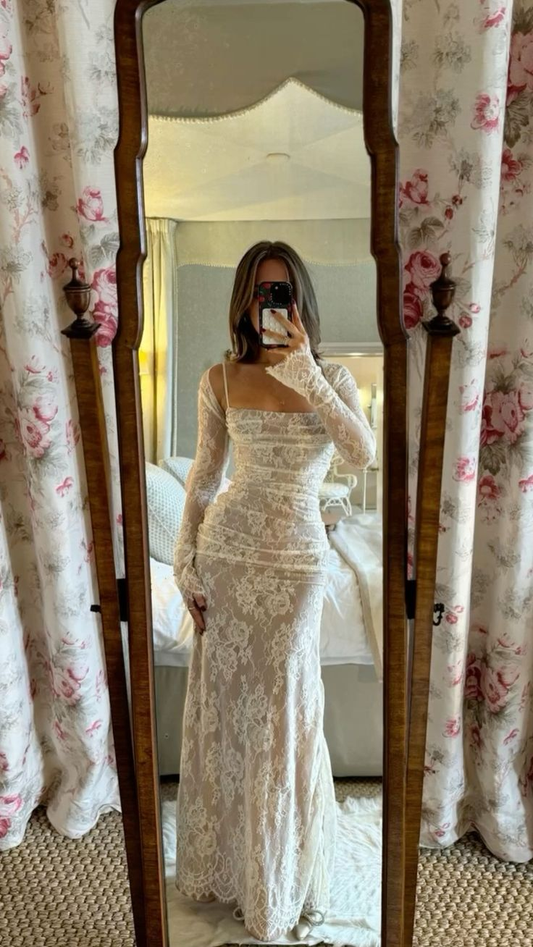 Off-white fashion lace long impressive prom dress long sleeve evening gown party dress gh3006