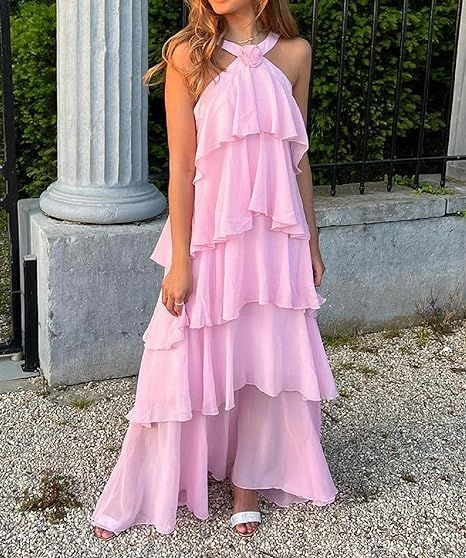 Women's Pink A-line Tiered Prom Dress,Pink Backless Evening Dress  gh2906