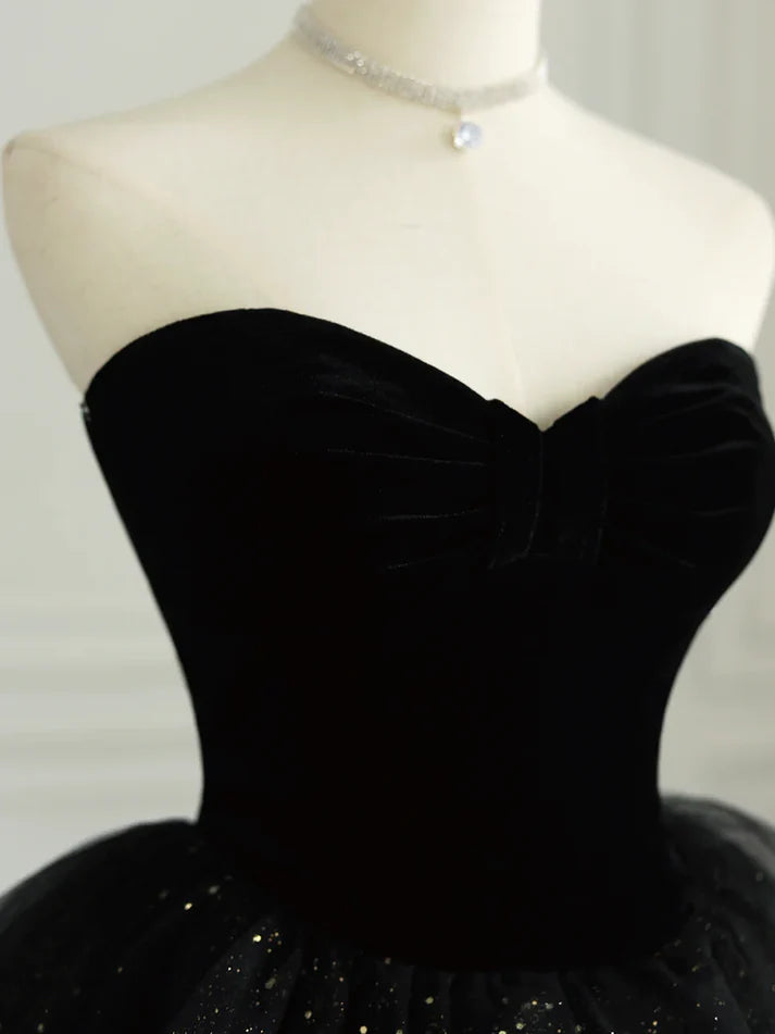 Black elegant off-shoulder tulle dress velvet sweetheart neckline tube top long evening dress ball gown gh3035