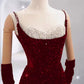 Girlhomeshops-Burgundy Shiny Elegant Long Sequined Ball Gown Evening Dress Party Dress gh5027