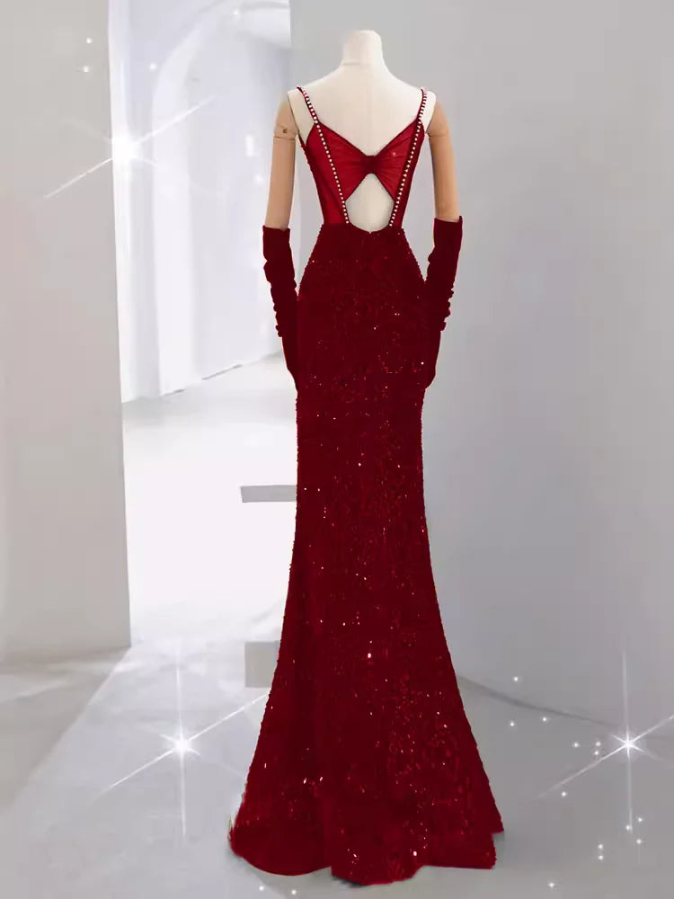 Girlhomeshops-Burgundy Shiny Elegant Long Sequined Ball Gown Evening Dress Party Dress gh5027