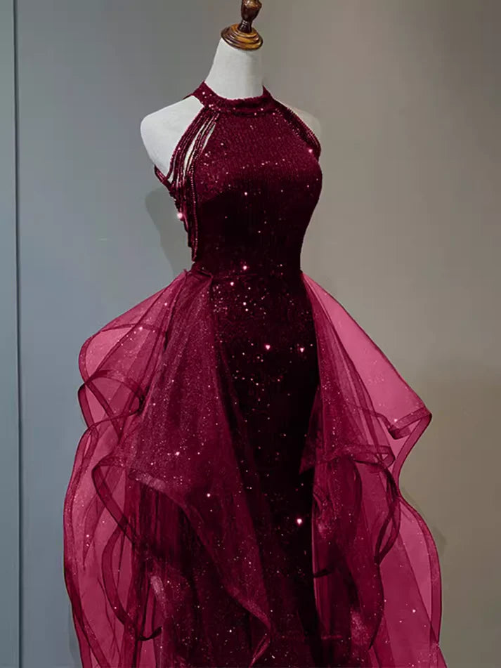 Burgundy/Black Shiny Bodycon Sequined Long Elegant Ball Gown Evening Dress gh3058