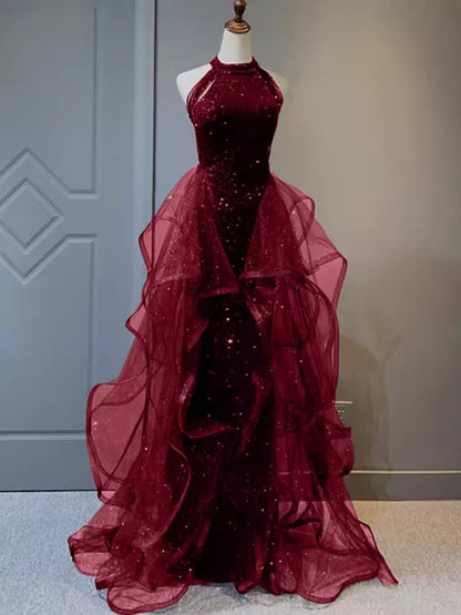 Burgundy/Black Shiny Bodycon Sequined Long Elegant Ball Gown Evening Dress gh3058