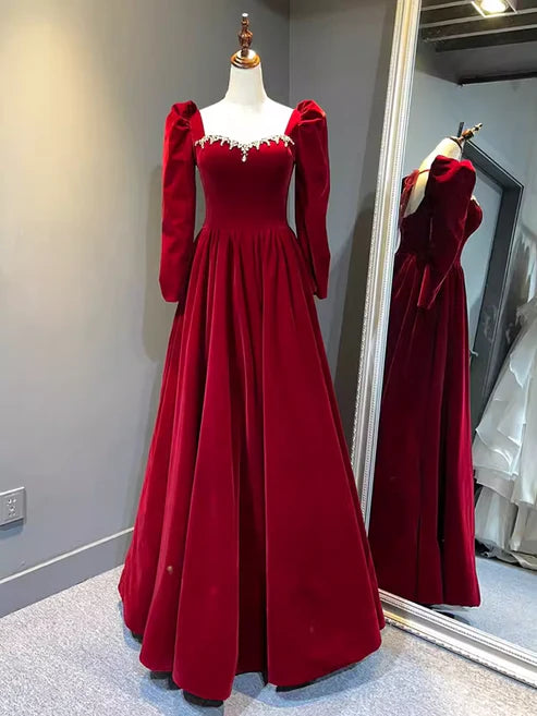 girlhomeshops-Vintage elegant long sleeve A-line red velvet formal prom dress prom gown gh5750