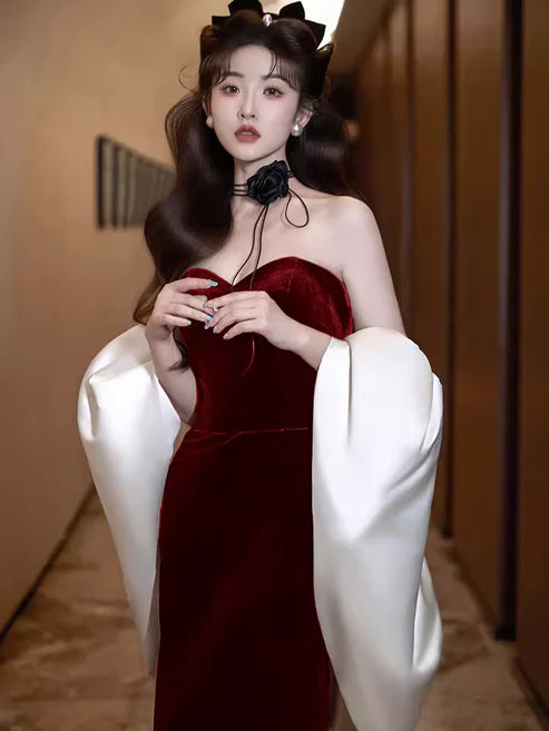 Burgundy Fashion Elegant Mermaid Off-shoulder Long Slim Velvet prom dress Evening Dress Party Dress gh3574