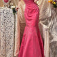 Robe de soirée longue en satin rose à fleurs et perles, élégante, robe de bal, robe de demoiselle d'honneur, gh4465
