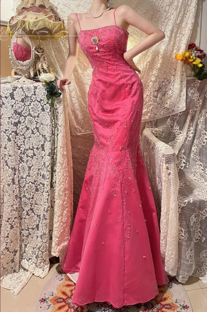 Robe de soirée longue en satin rose à fleurs et perles, élégante, robe de bal, robe de demoiselle d'honneur, gh4465