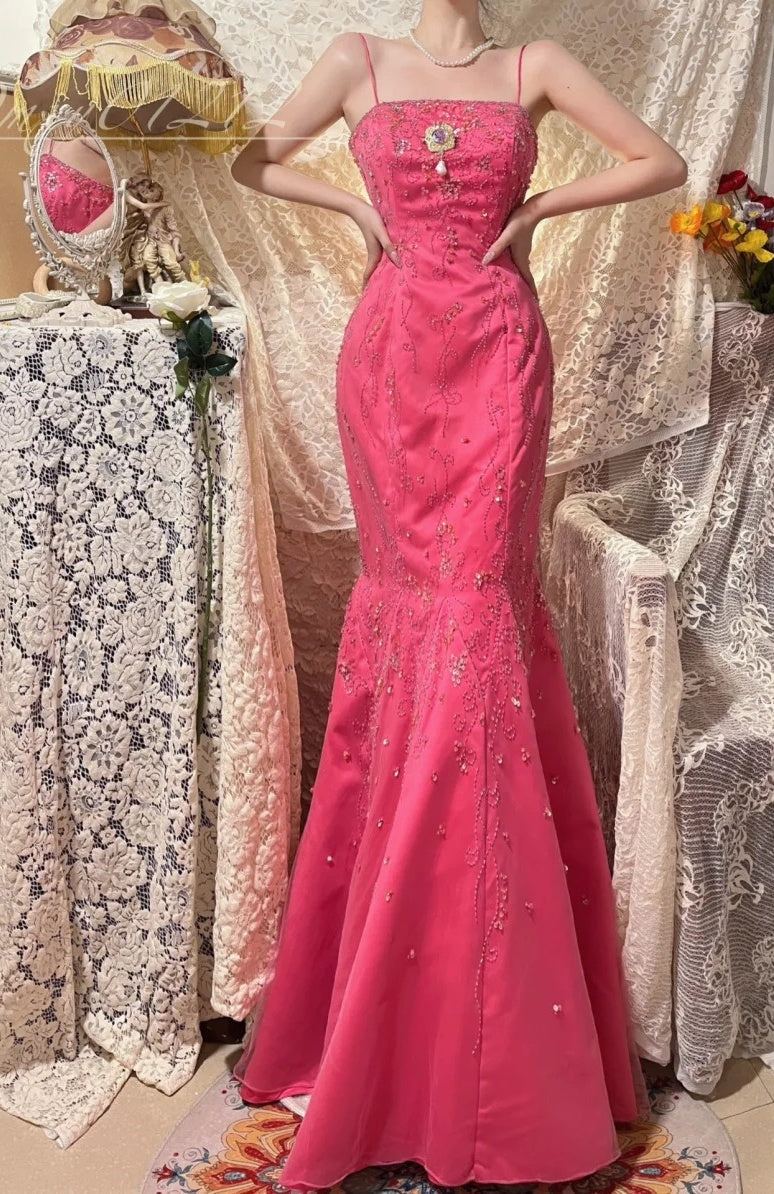 Robe de soirée longue en satin rose à fleurs et perles, élégante, robe de bal, robe de demoiselle d'honneur, gh4465