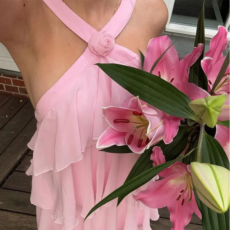 Pink Halter Fashion Halter Ruffled Tiered Ruffle Long Chiffon Tulle Ball Gown Evening Gown Party Dress gh3100