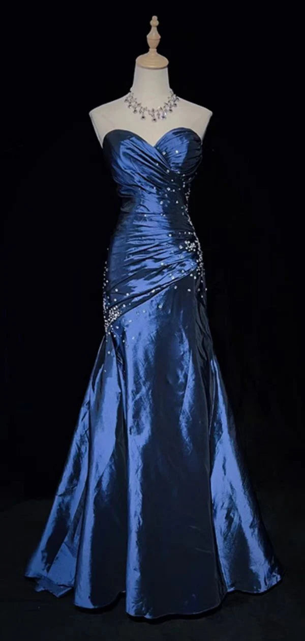 Blaues, elegantes, bodenlanges Ballkleid aus Satin mit exquisiter Perlenstickerei im Vintage-Stil (gh3636)