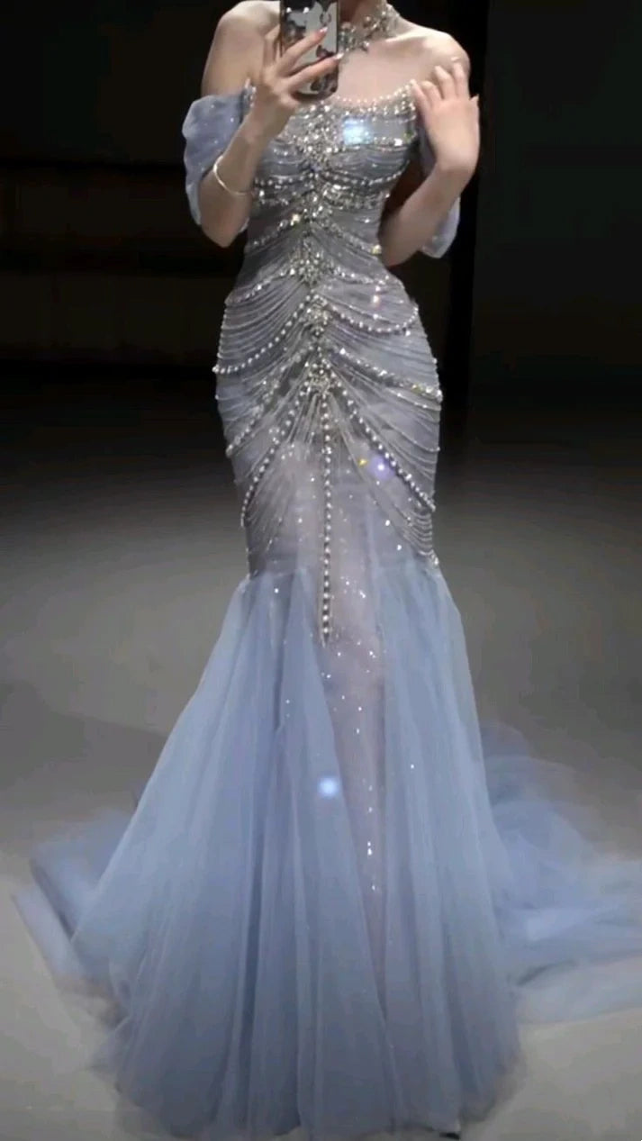 Wunderschönes, glänzendes, schulterfreies, exquisites, mit Perlen verziertes, langes Tüll-Meerjungfrauen-Kleid mit schmalem Fischschwanzrock, Ballkleid, formelles Abendkleid, Hochzeitskleid gh3559