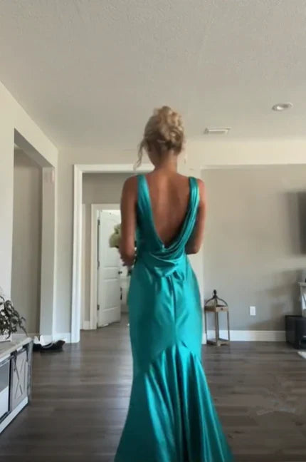 Robe de soirée longue en satin bleu élégant à col en V, robe de soirée pour invités de mariage, gh3343