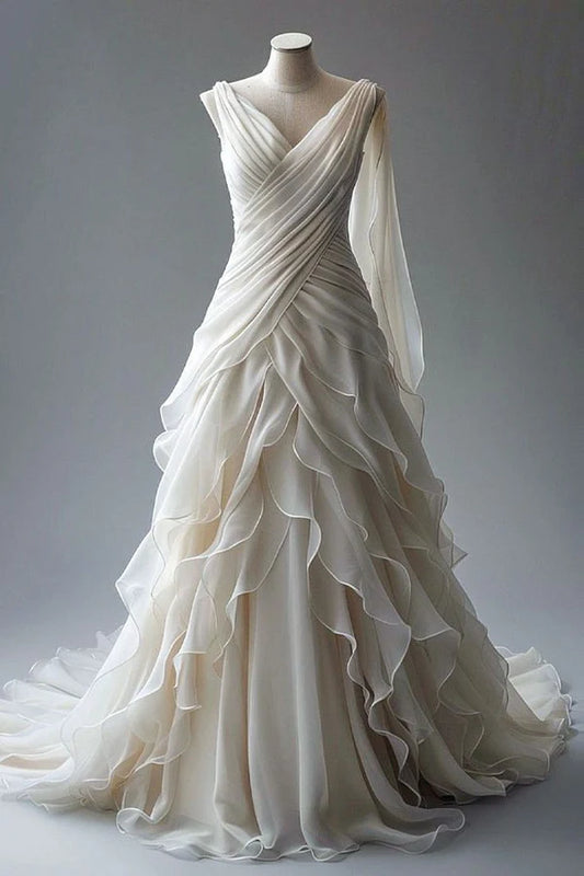 Elfenbein Vintage Langes Tüll Ballkleid Brautkleid gh4951