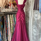 Robe de soirée longue plissée style sirène rose vintage en satin longueur au sol gh3379