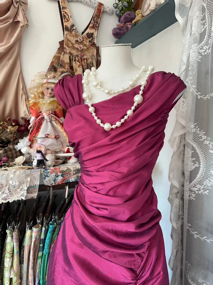 Robe de soirée longue plissée style sirène rose vintage en satin longueur au sol gh3379