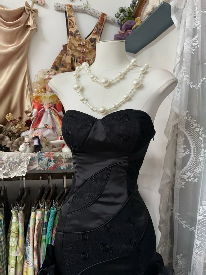 Robe de soirée longue noire élégante à volants style sirène, style vintage, longueur au sol, robe de bal, robe de soirée gh3632