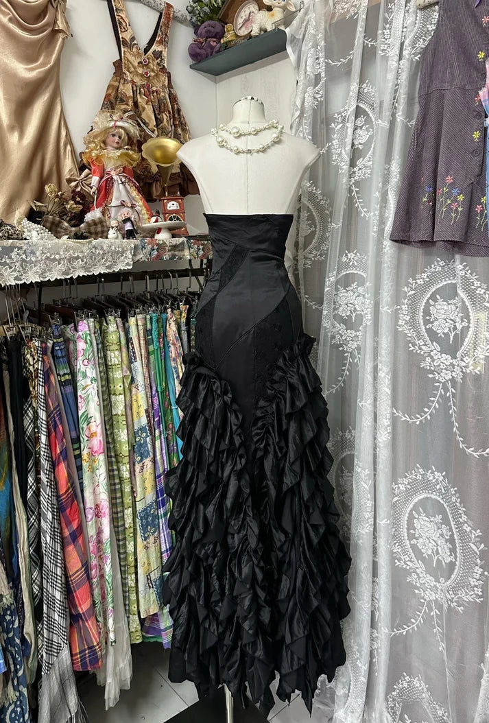 Robe de soirée longue noire élégante à volants style sirène, style vintage, longueur au sol, robe de bal, robe de soirée gh3632