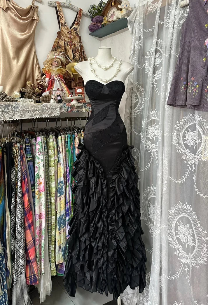 Robe de soirée longue noire élégante à volants style sirène, style vintage, longueur au sol, robe de bal, robe de soirée gh3632
