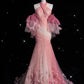 Pink Retro Gorgeous Fashion Floral Strap Long Tulle Floor Length Mermaid Slim Fishtail Skirt Ball Gown Evening Gown Prom Dress gh3619