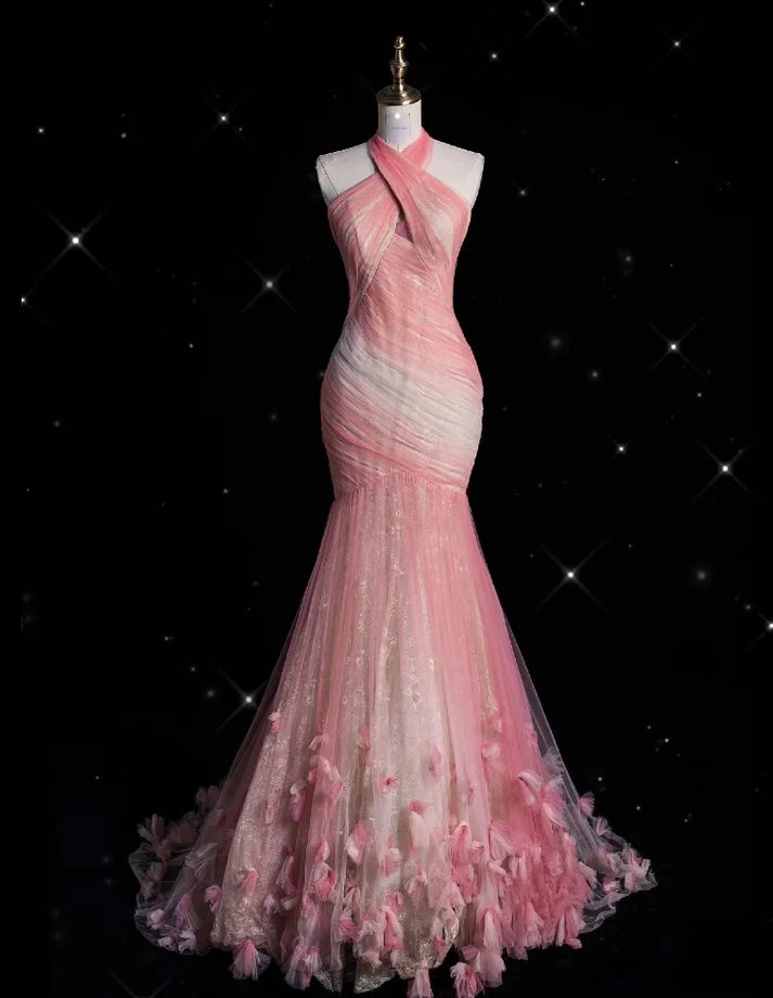 Pink Retro Gorgeous Fashion Floral Strap Long Tulle Floor Length Mermaid Slim Fishtail Skirt Ball Gown Evening Gown Prom Dress gh3619