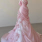 Pink gorgeous exquisite floral mermaid slim strapless long tulle floor-length ball gown evening wedding dress gh3396
