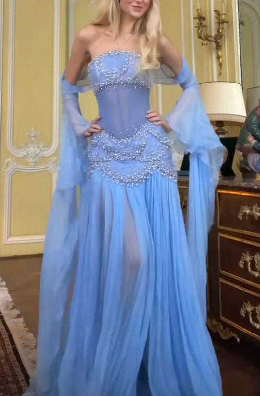 Hellblaues Vintage-Mode-exquisite Perlenbesatz A-Linie Off-the-shoulder Langes Chiffon-Ballkleid Abendkleid Partykleid gh3454