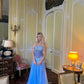Hellblaues Vintage-Mode-exquisite Perlenbesatz A-Linie Off-the-shoulder Langes Chiffon-Ballkleid Abendkleid Partykleid gh3454
