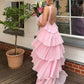Pink Halter Fashion Halter Ruffled Tiered Ruffle Long Chiffon Tulle Ball Gown Evening Gown Party Dress gh3100