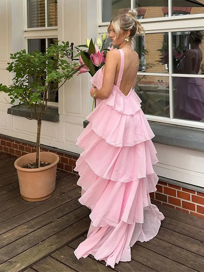 Pink Halter Fashion Halter Ruffled Tiered Ruffle Long Chiffon Tulle Ball Gown Evening Gown Party Dress gh3100