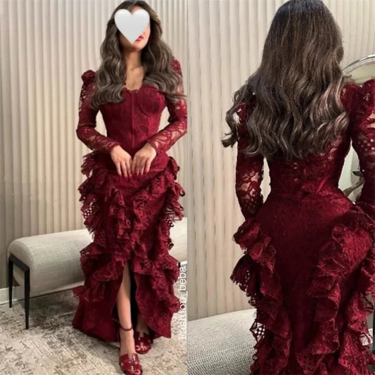 Glam Burgundy Lace Mermaid Maxi Dress | V-Neck Layered Ruffle Dress, Gala Friends Gathering Fashion Outfit gh6452