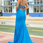 Blue spaghetti strap gorgeous exquisite beaded bodycon long satin high slit ball gown evening dress gh2717