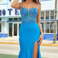 Blue spaghetti strap gorgeous exquisite beaded bodycon long satin high slit ball gown evening dress gh2717