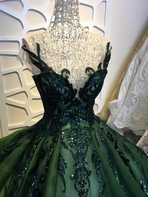 Grünes, modisches, glänzendes, schulterfreies, langes, mit Pailletten besetztes Tüll-Ballkleid, süßes 16-jähriges Kleid, Abschlusskleid, Zeremoniekleid für Erwachsene, gh3610